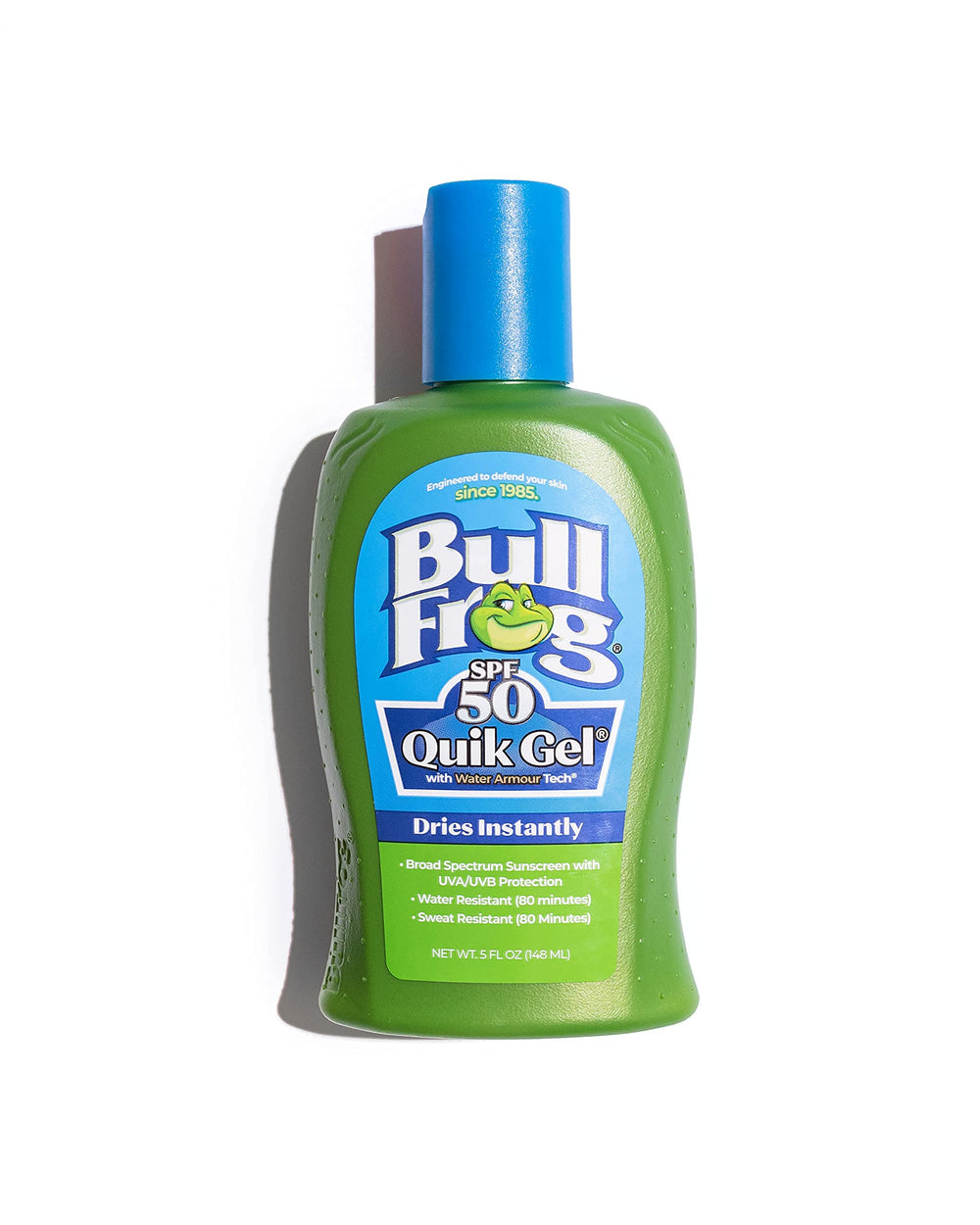 Bullfrog Quik Gel Sunscreen SPF 50 bottle for fast, non-greasy UV protection outdoors.
