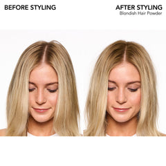 Blondish tinted dry shampoo pump demonstrates easy application and oil absorption.
