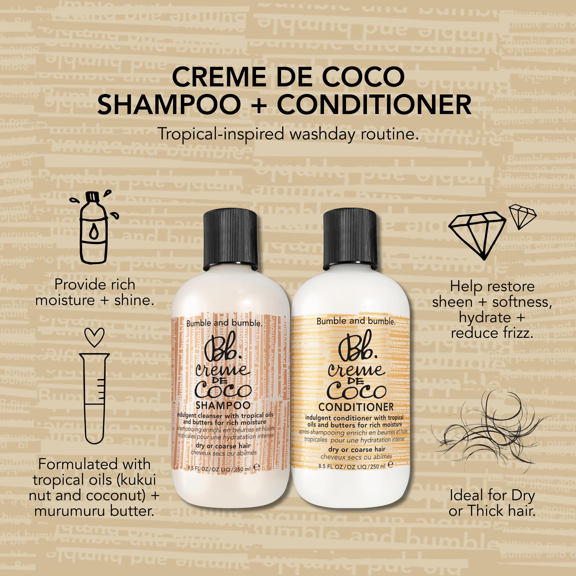 Bumble and bumble Creme De Coco bottle with coconut oils graphic highlights nourishing ingredients.