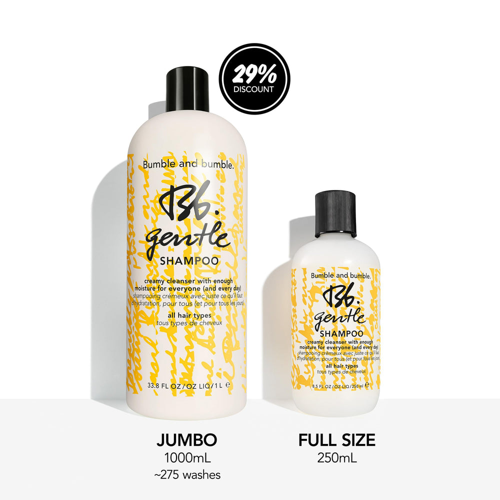 Bumble and bumble Gentle Hydrating Shampoo hands and bottle with daily care scene.
