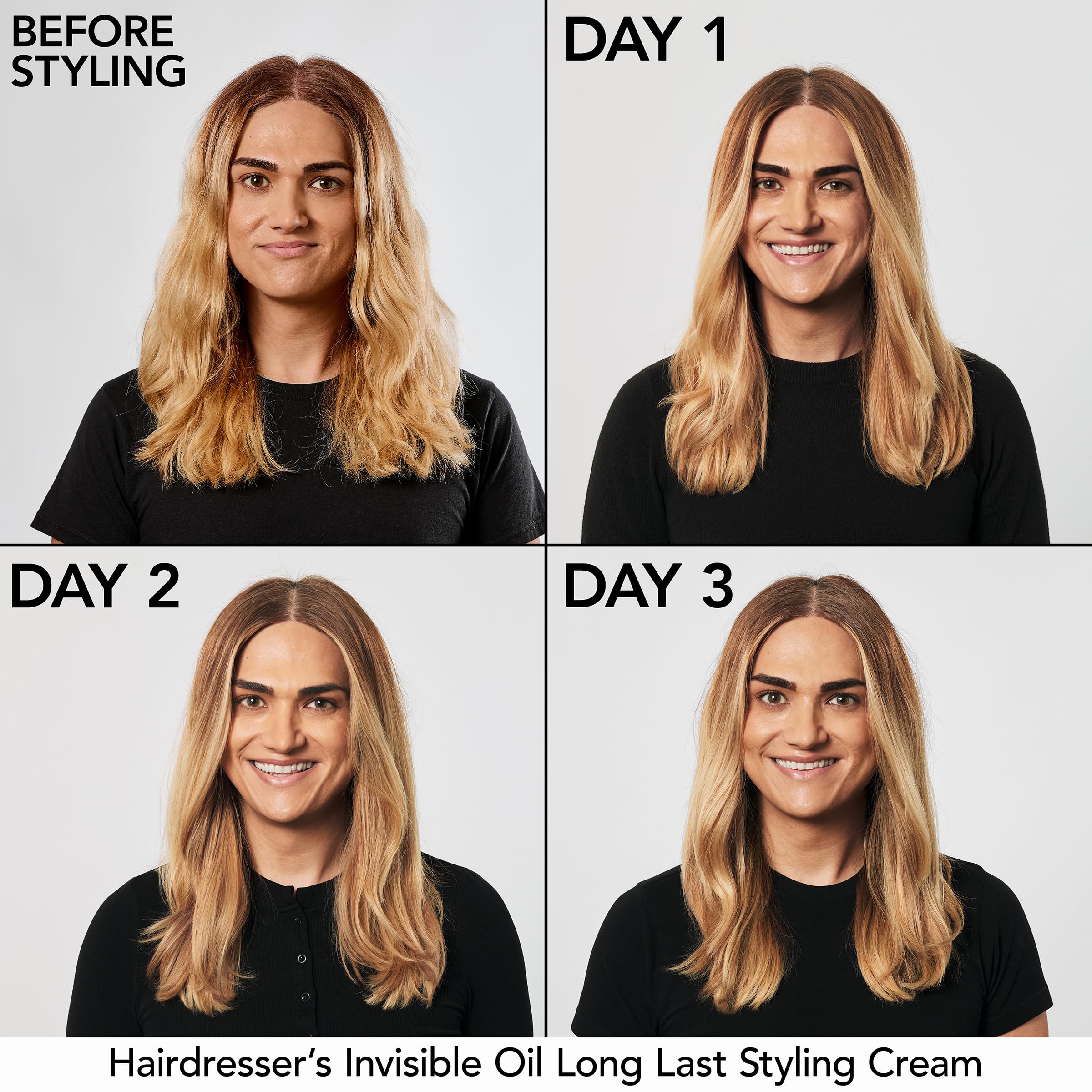 Hands applying Bumble and bumble styling cream to damp hair for easy styling.