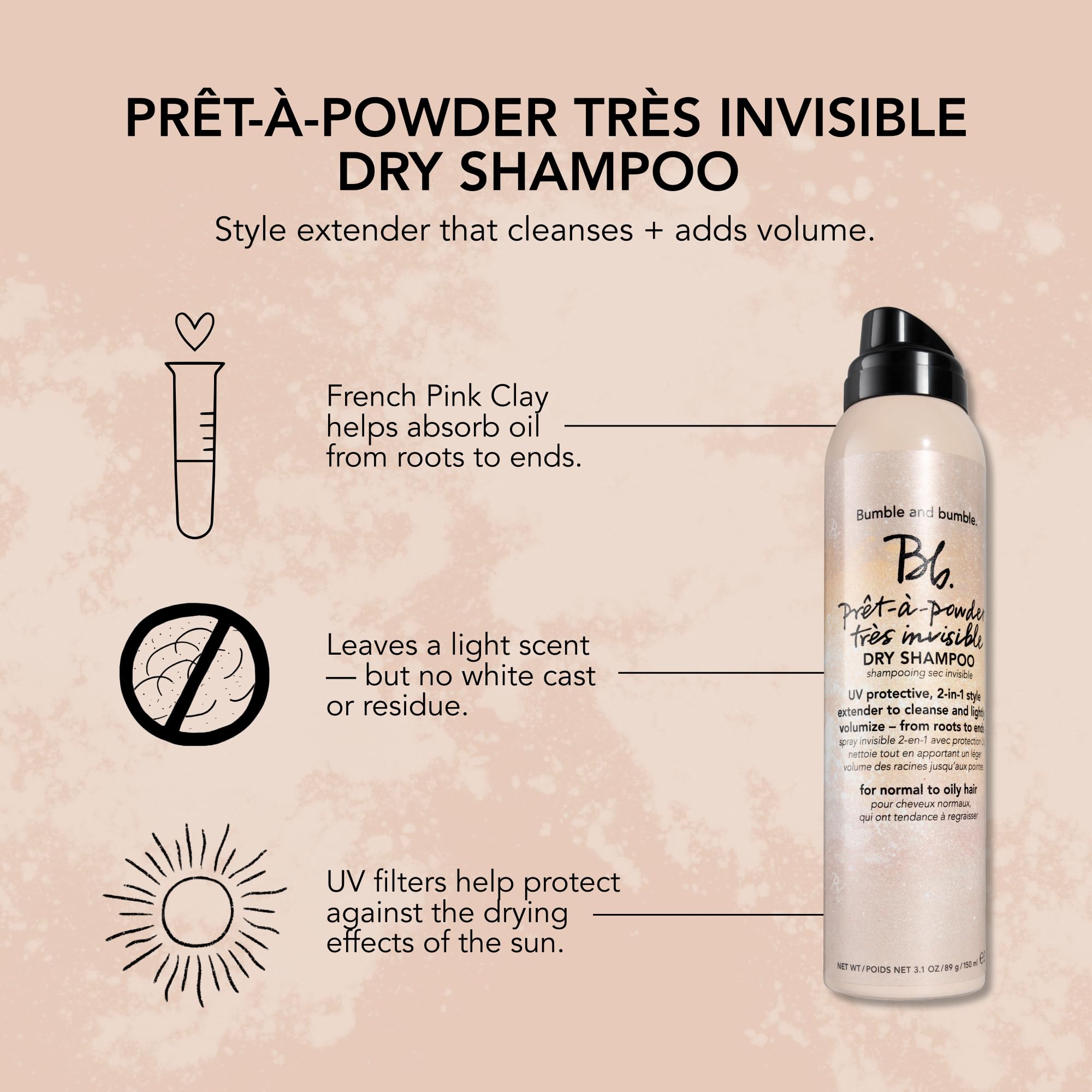Close-up shows powder absorbing oil from scalp to ends.