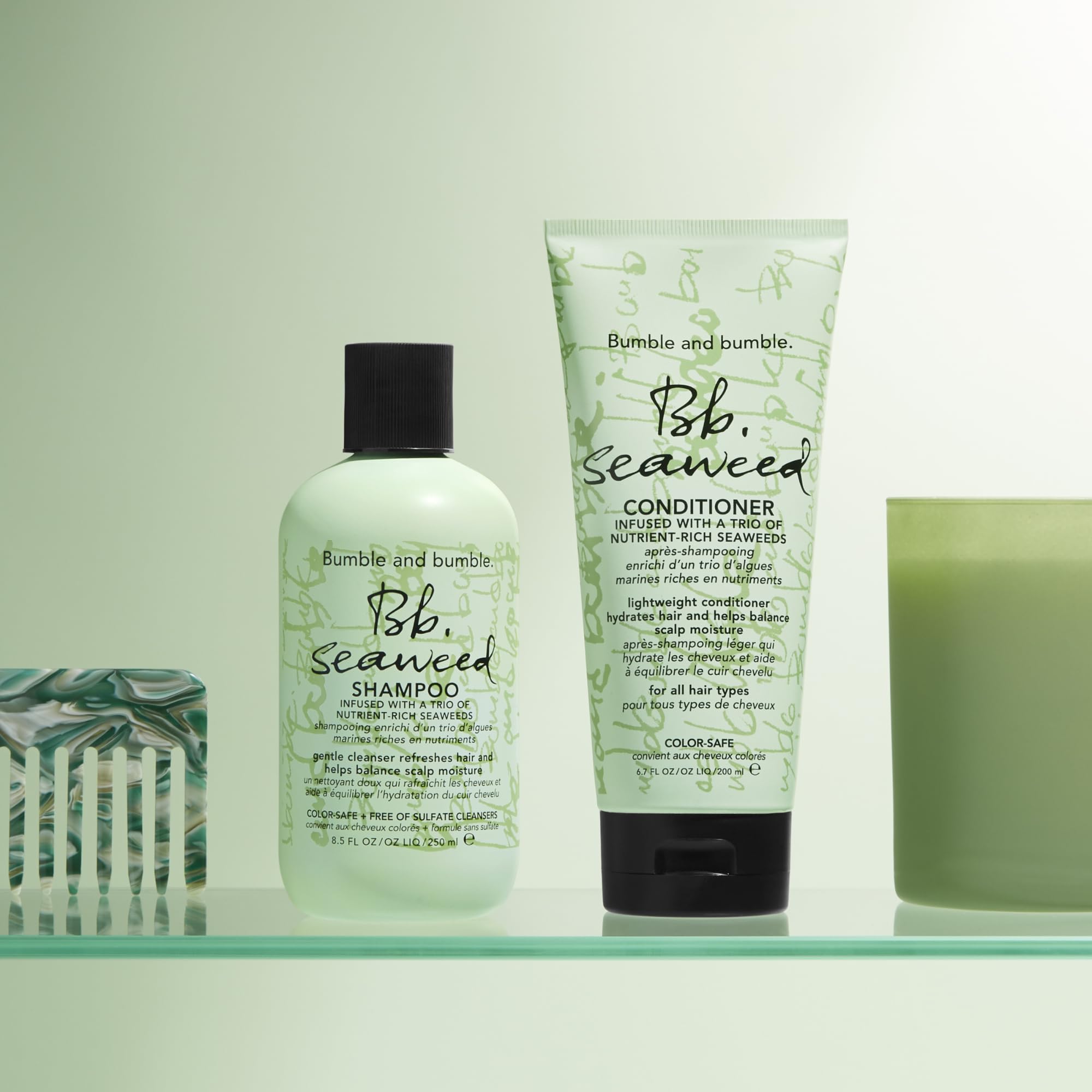 Bumble and bumble Seaweed Hydrating Shampoo on bathroom counter with marine branding.