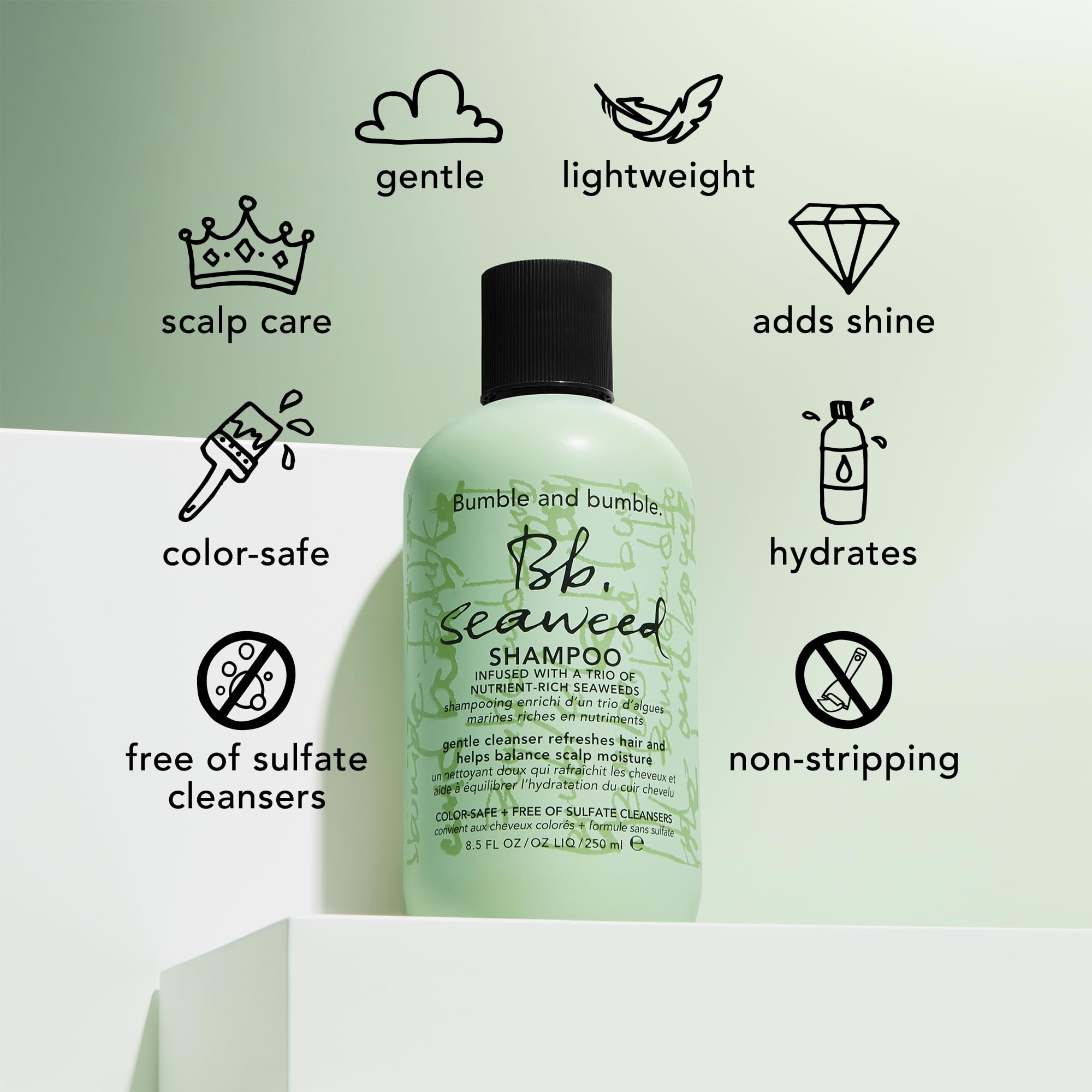 Bumble and bumble Seaweed Hydrating Shampoo packaging highlights vegan, naturally derived ingredients.