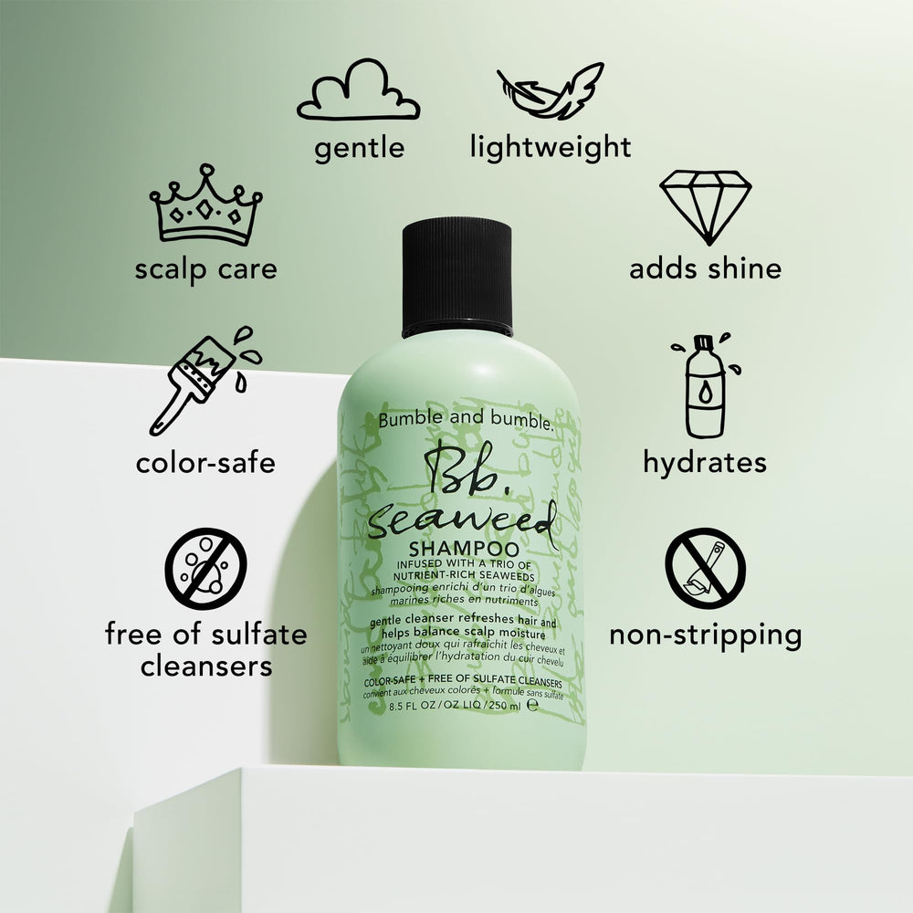 Bumble and bumble Seaweed Hydrating Shampoo packaging highlights vegan, naturally derived ingredients.