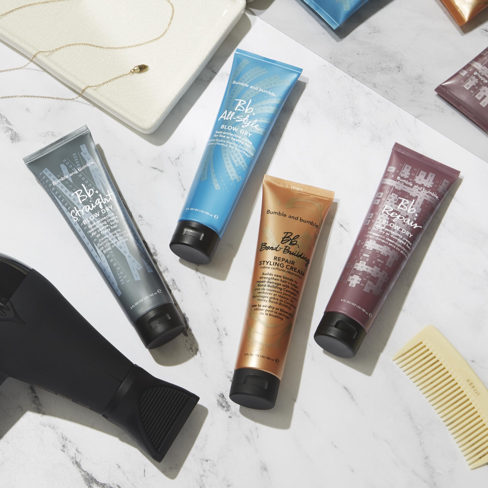 Bumble and bumble Straight Blow Dry Cream packaging highlighting frizz control and user-friendly protection.