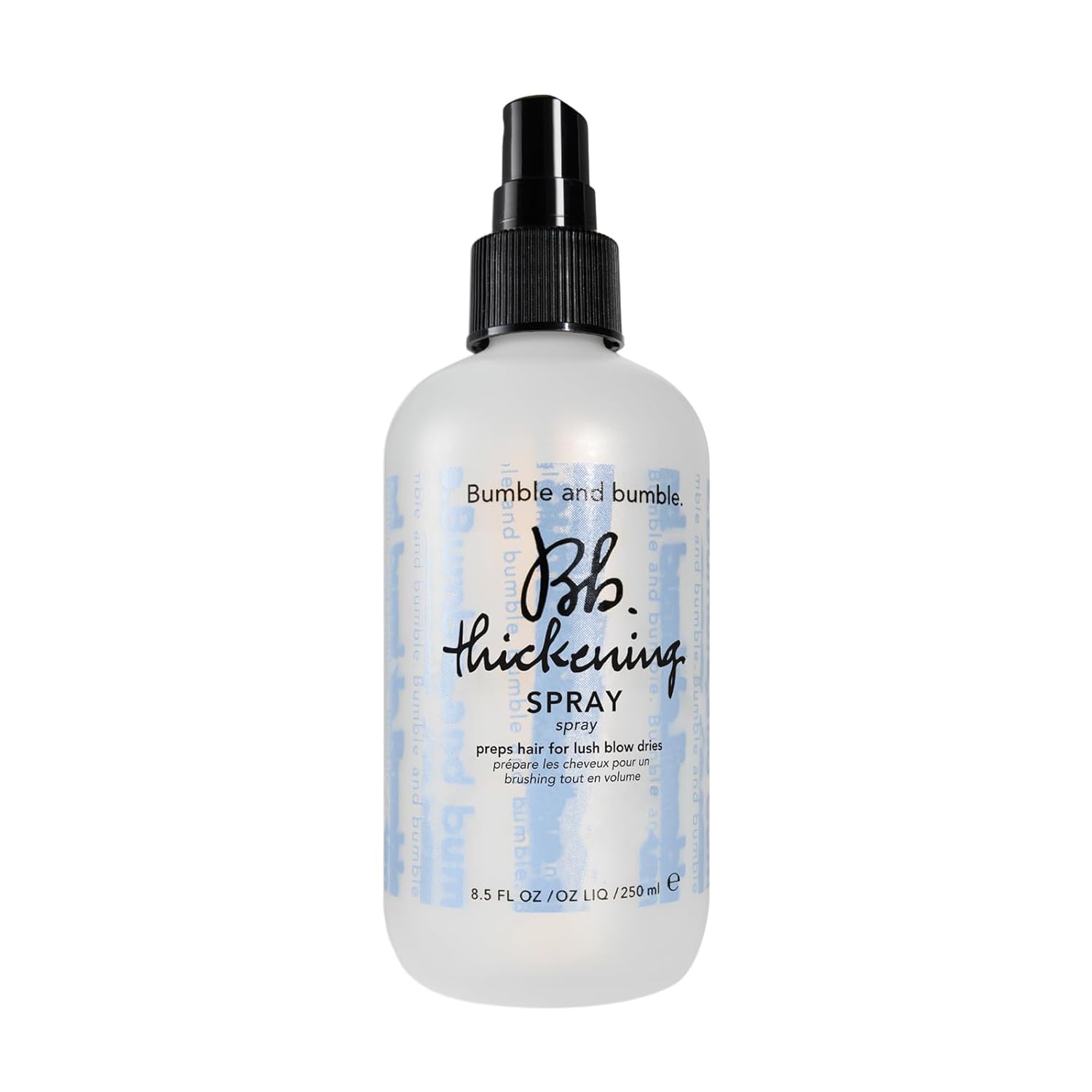 Bumble and bumble Thickening Blow-Dry Prep Spray bottle closeup boosts texture for fuller blowouts.