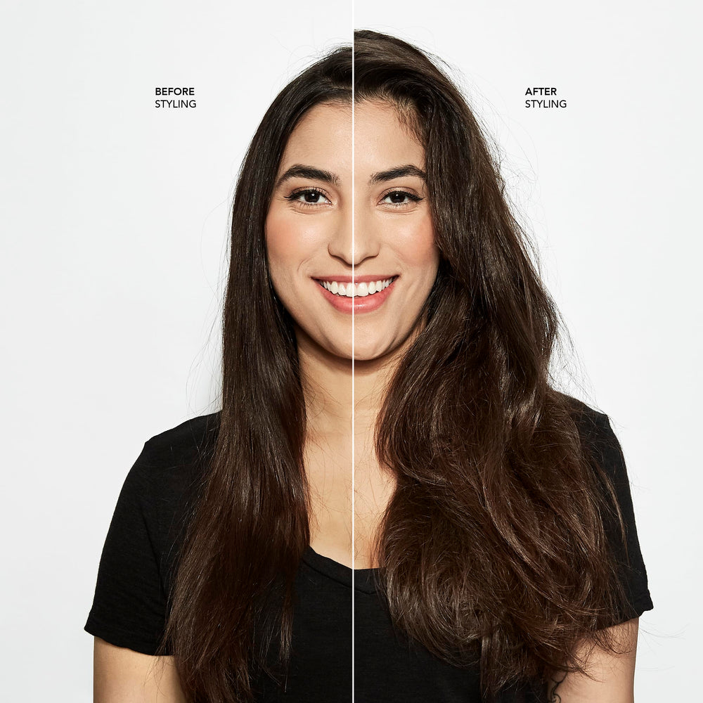 Bumble and bumble Thickening Go Big hair application showing strand-plumping effect.
