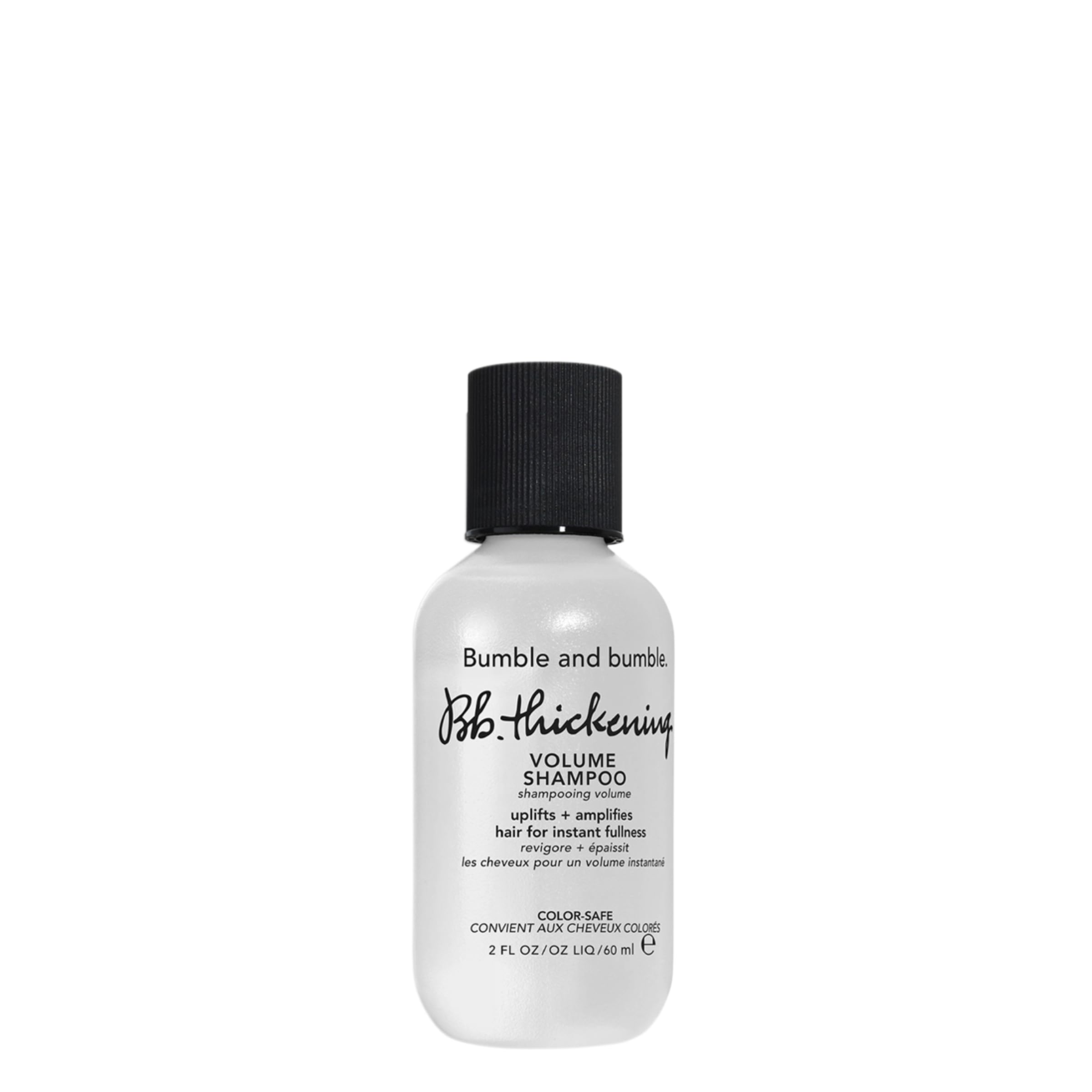 Bumble and bumble Thickening Volume Shampoo, envase mini, ofrece limpieza ligera y volumen para cabello fino.