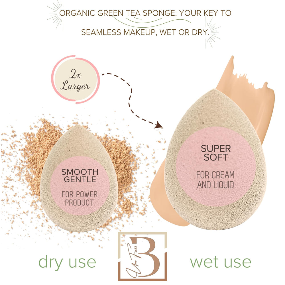 Bumfuzz Green Tea Beauty Sponge highlights plant-based, dye-free materials.