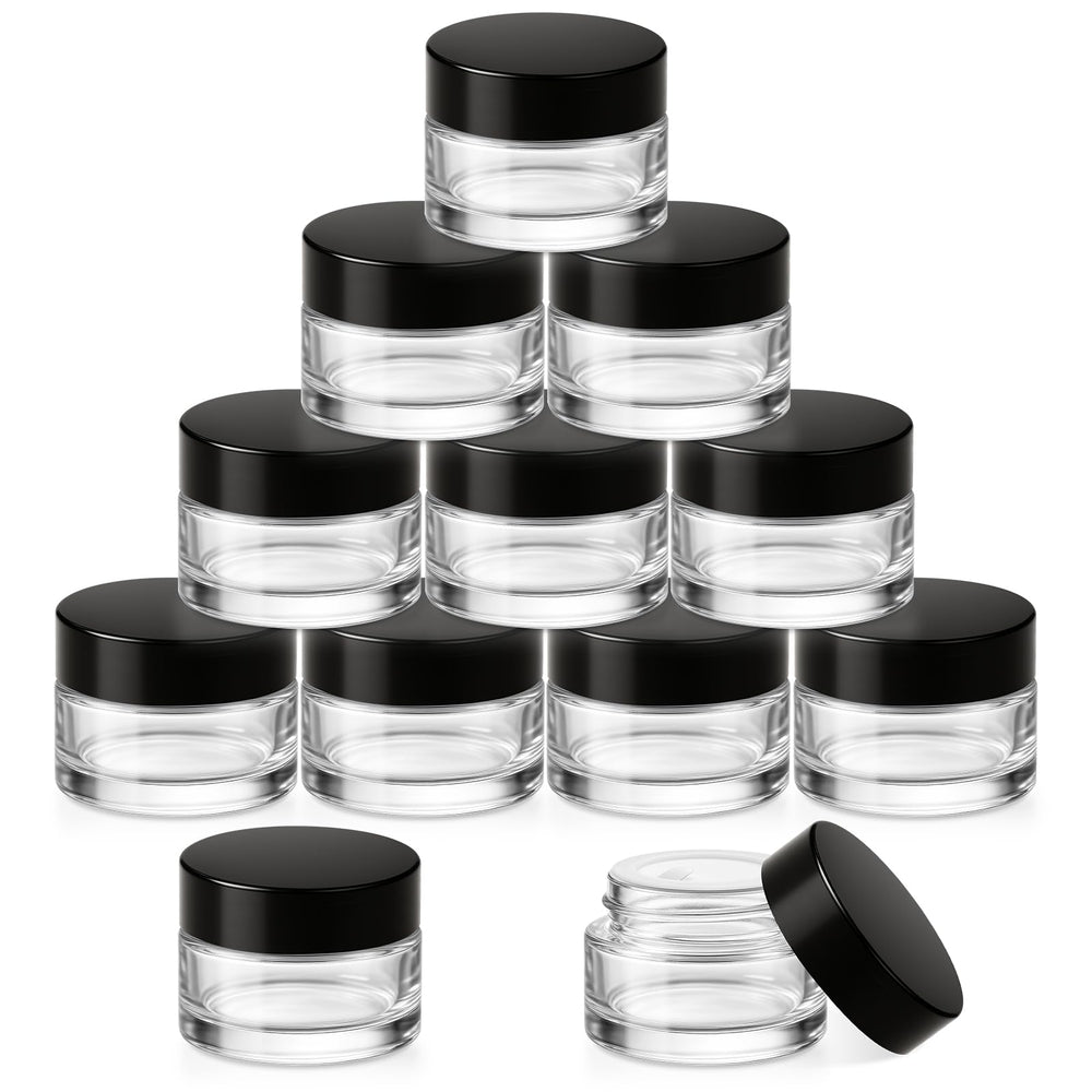 Bumobum 12-pack 5g glass jars with lids for compact lip balm storage.