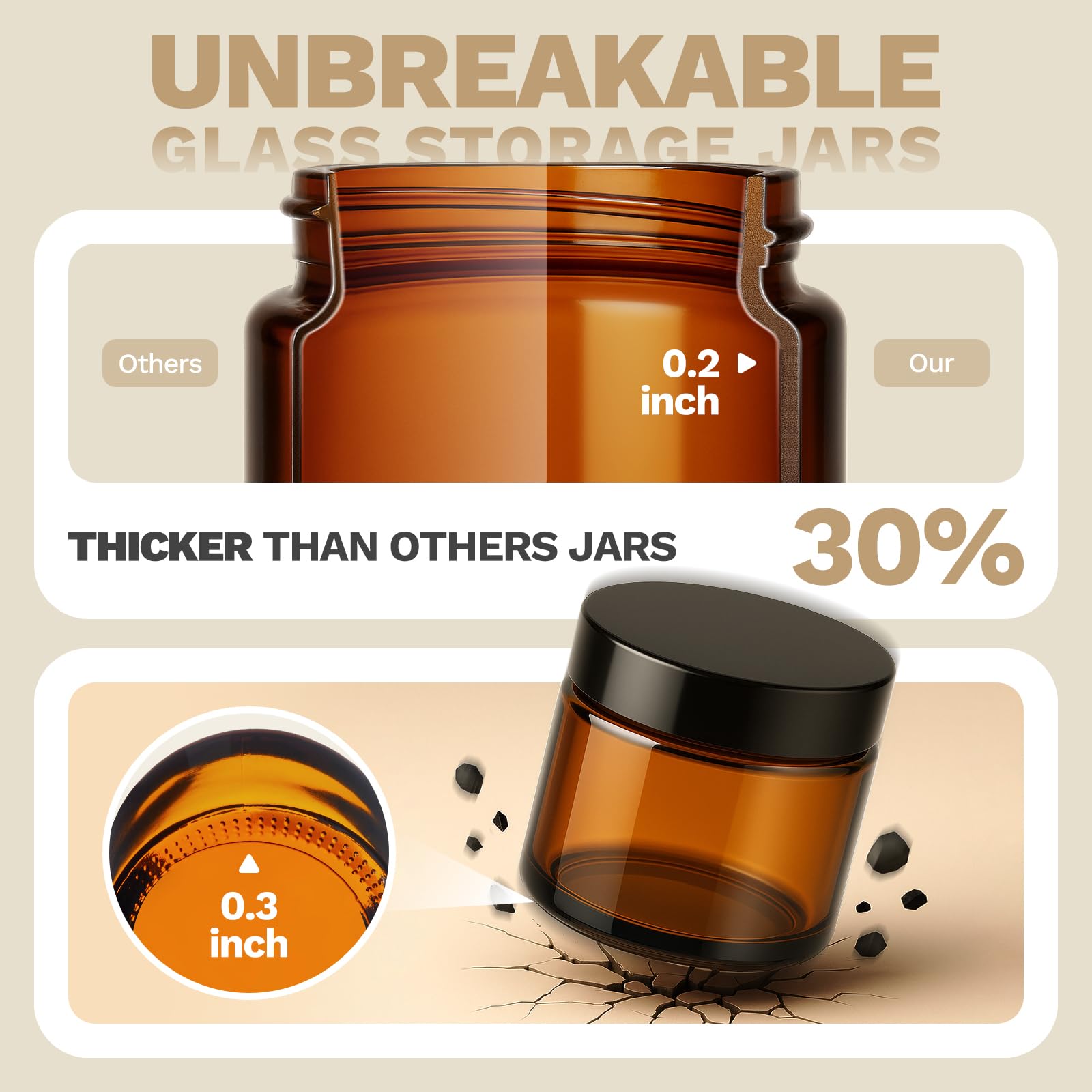 Bumobum amber glass jar with extra thick walls for durable storage.