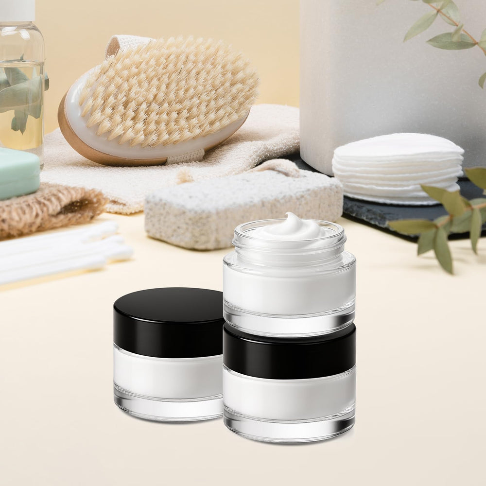 Bumobum clear glass jars let you see contents at a glance for faster routines.