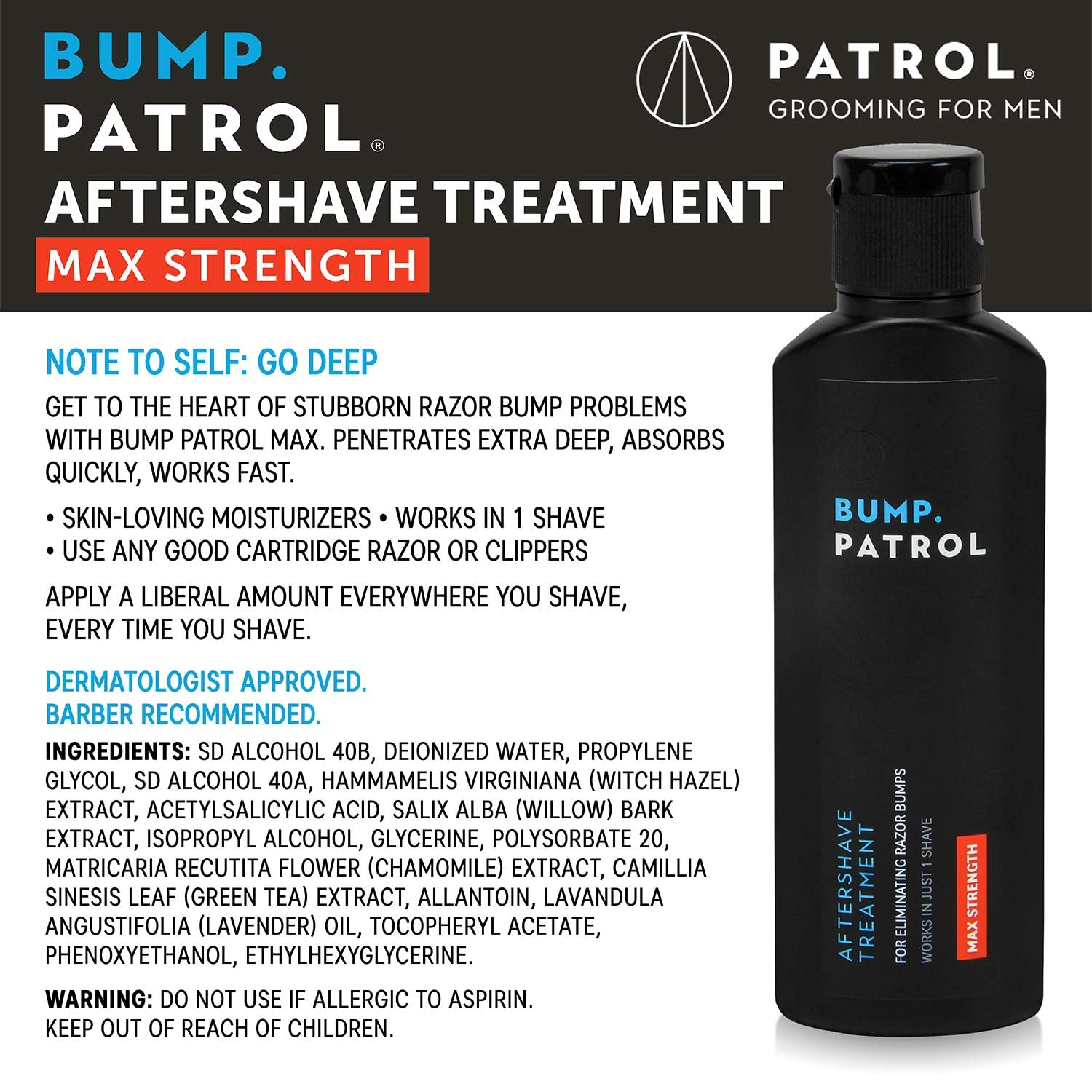 Bump Patrol bottle close-up showing label for quick post-shave relief.
