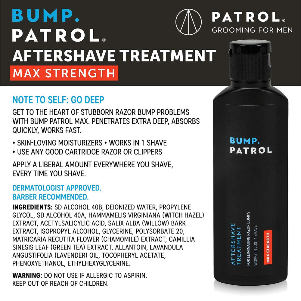Bump Patrol bottle close-up showing label for quick post-shave relief.