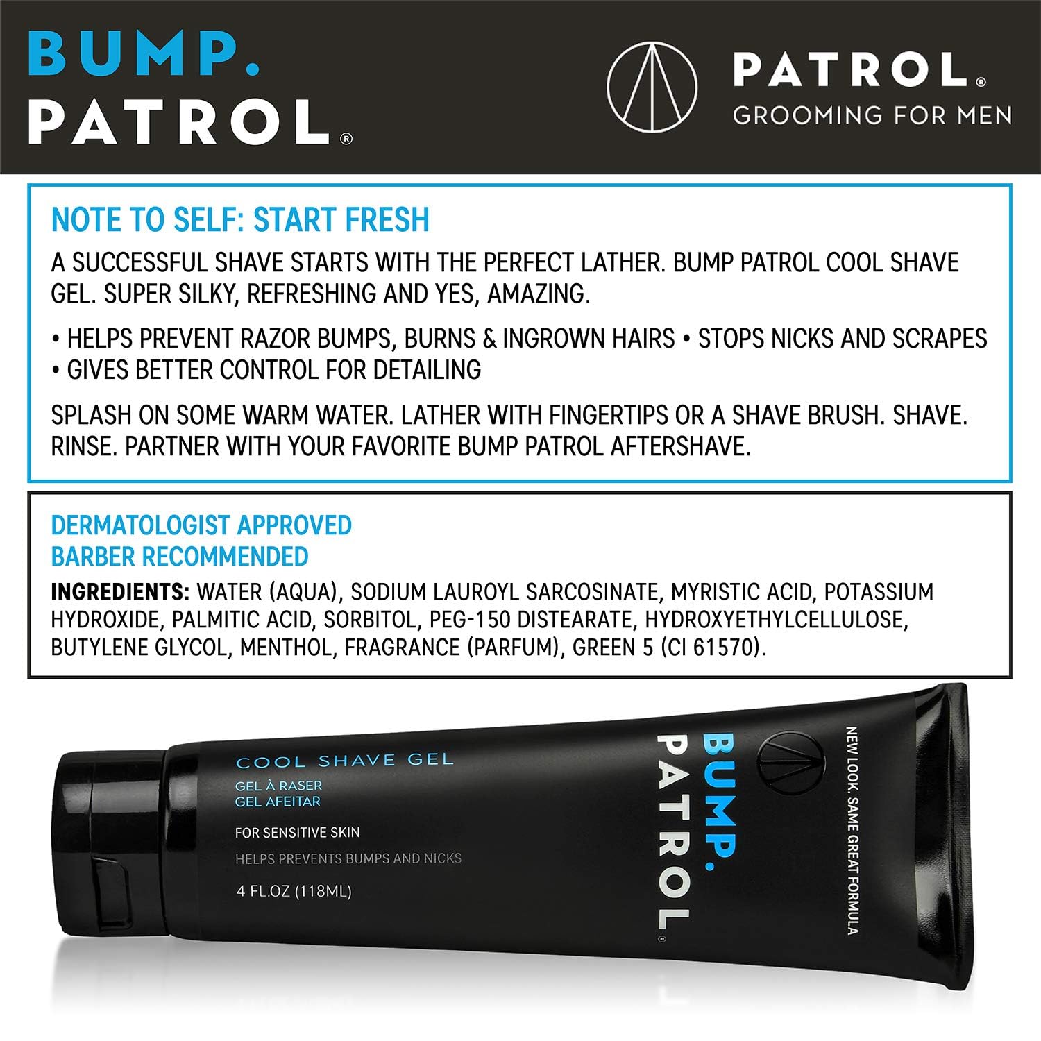 Bump Patrol Cool Shave Gel texture appears clear, enabling visual guidance during shaving.