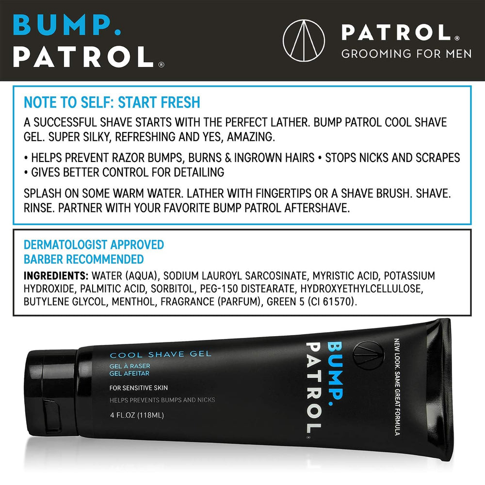 Bump Patrol Cool Shave Gel texture appears clear, enabling visual guidance during shaving.