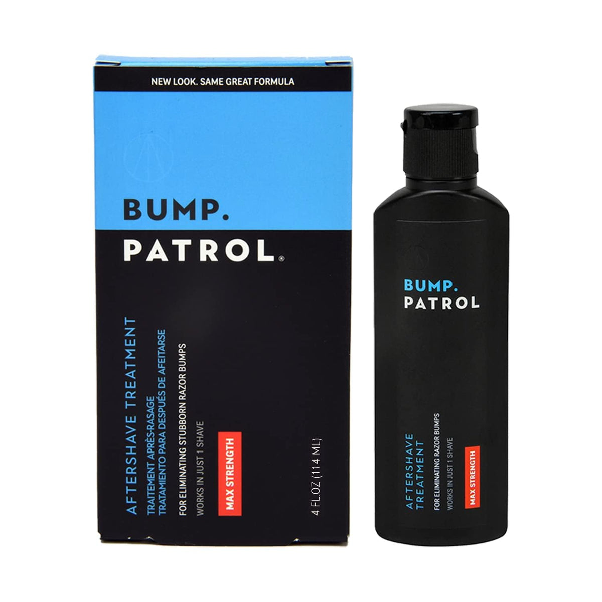 Bump Patrol maximum-strength serum bottle close-up for effective post-shave care.