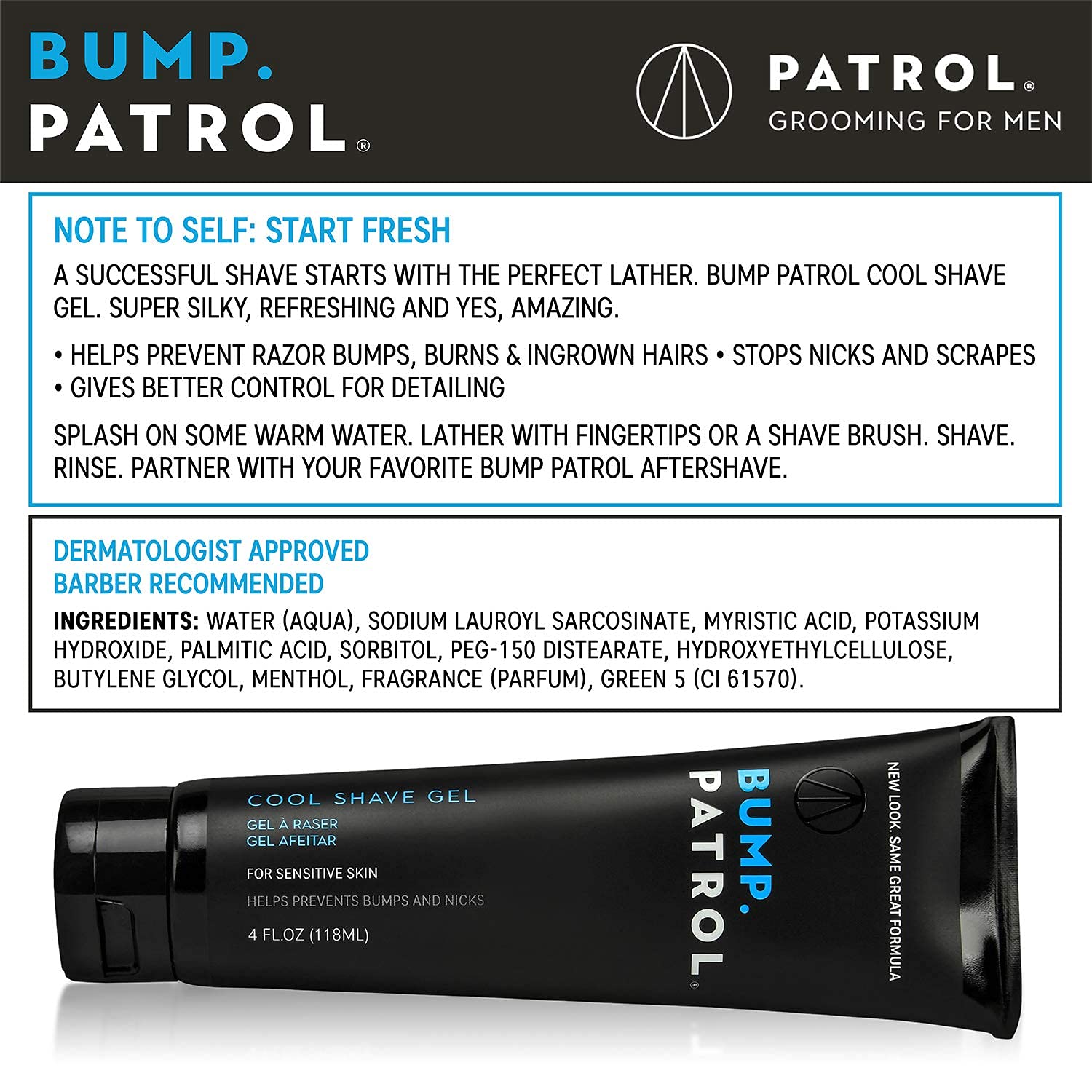 Bump Patrol Cool Shave Gel menthol cooling for refreshing comfort.