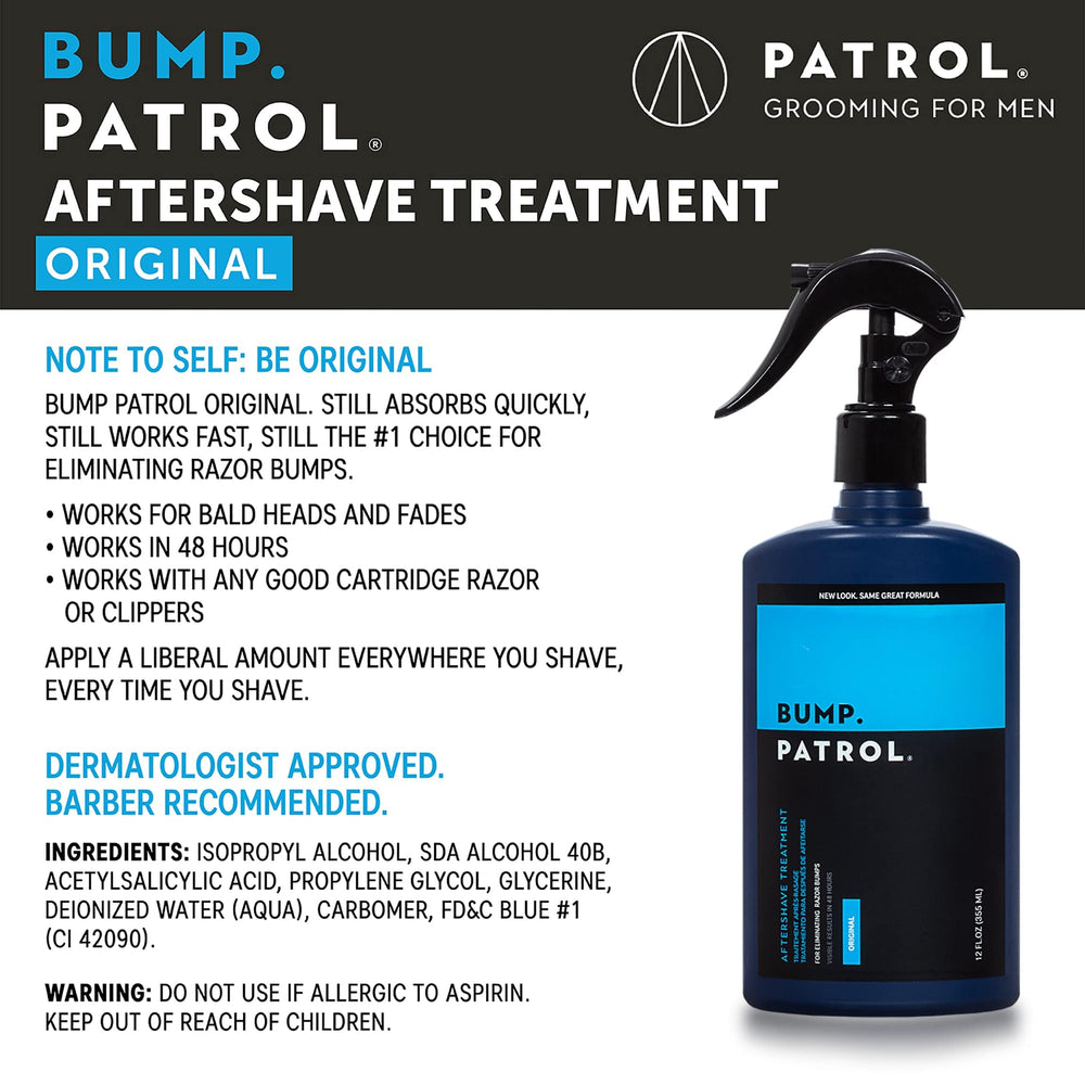 Bump Patrol Original Formula label closeup showing clear bottle and gentle post-shave care.