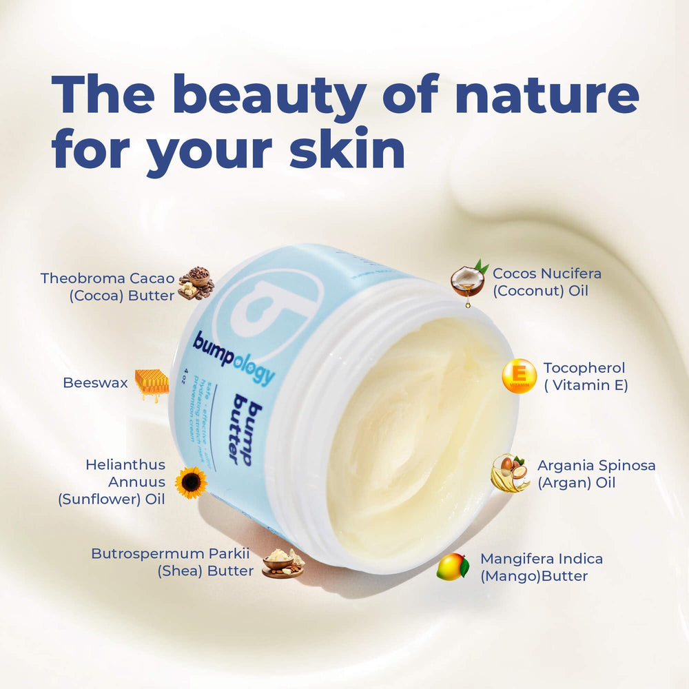 Bumpology Bump Butter application hands demonstrates easy massage onto hips and belly.