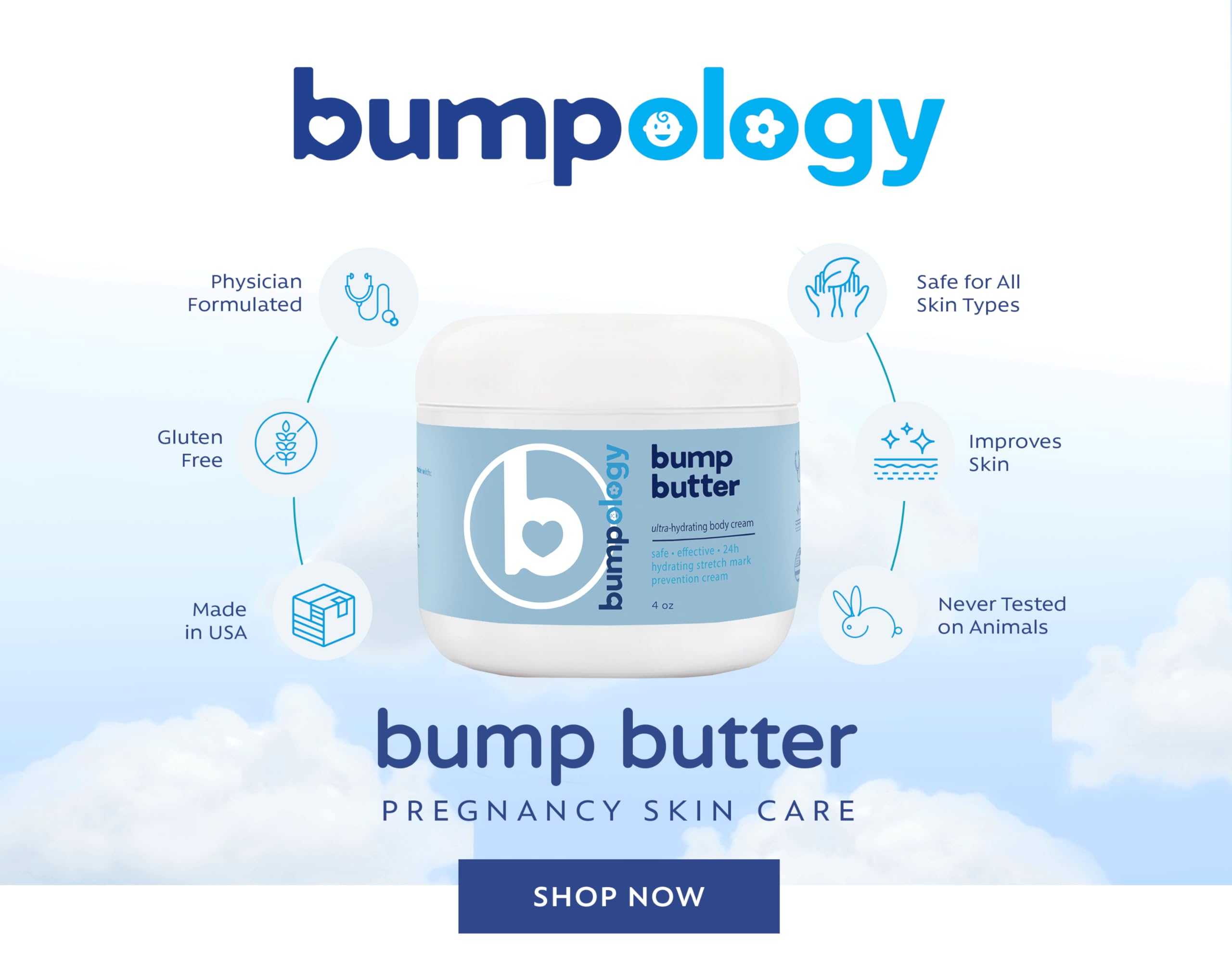 Bumpology Bump Butter ingredient label highlights shea, cocoa, and mango butters for softness.