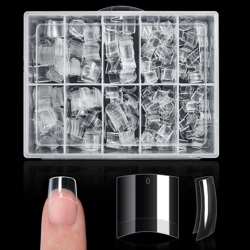 Buqikma clear short nail tips in pink box for easy sizing and application.