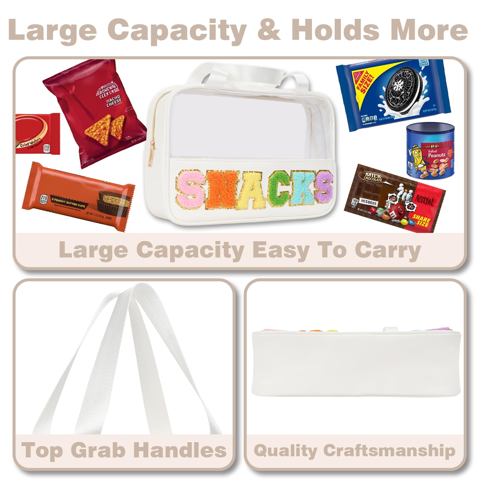 Burskit Snacks Bag chenille patches close-up highlighting glittery letters for personalized style.