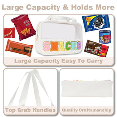 Burskit Snacks Bag chenille patches close-up highlighting glittery letters for personalized style.