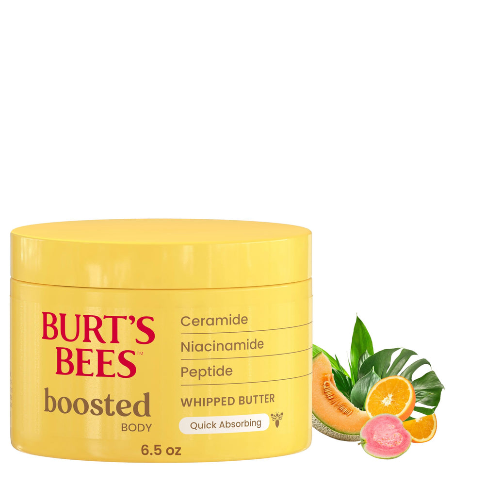 Burt's Bees Boosted Body Whipped Butter en frasco, ceramidas para piel suave y protegida.