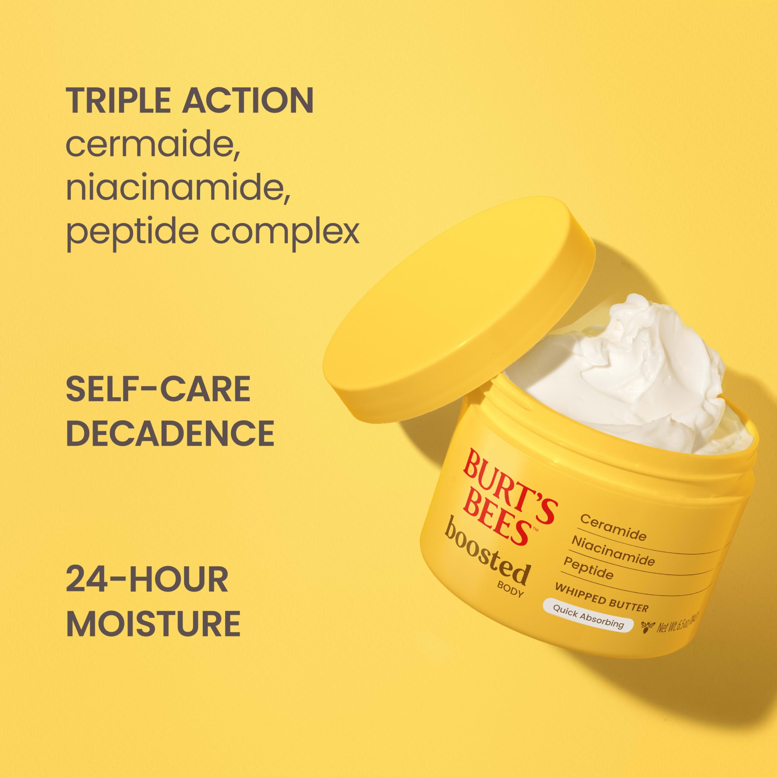 Textura ligera de Burt's Bees Boosted Body Whipped Butter para absorción rápida.
