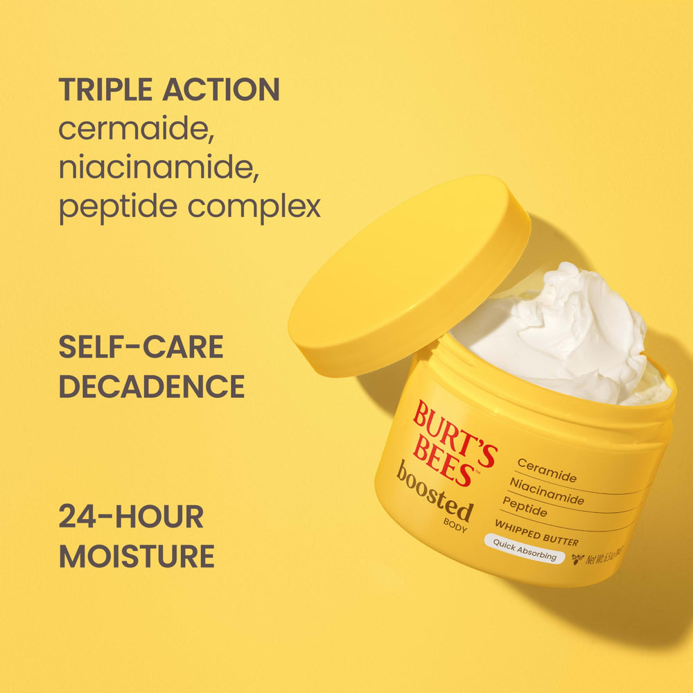 Textura ligera de Burt's Bees Boosted Body Whipped Butter para absorción rápida.