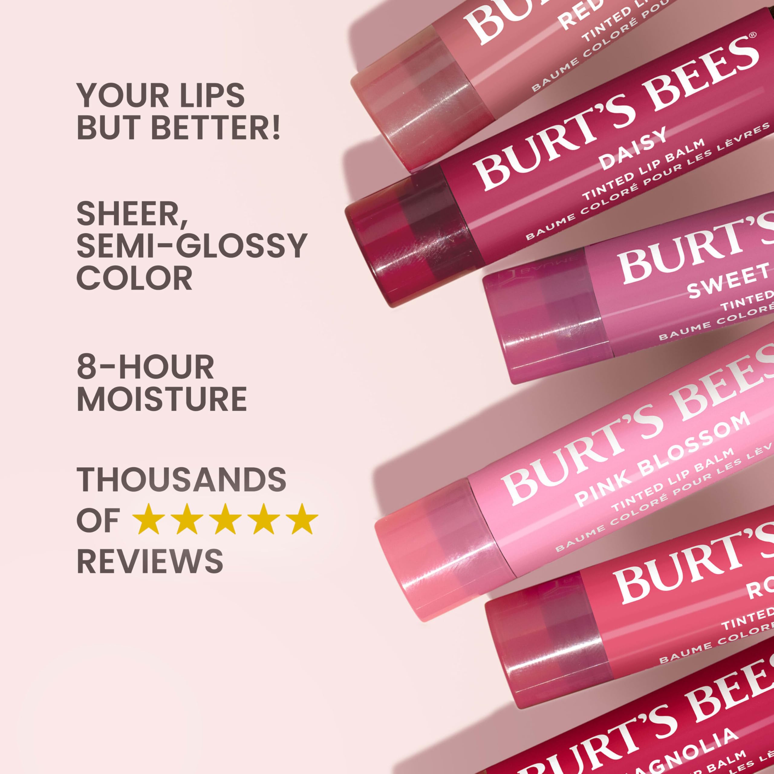 Burt's Bees bálsamo labial, acabado semi-brillante para look suave.