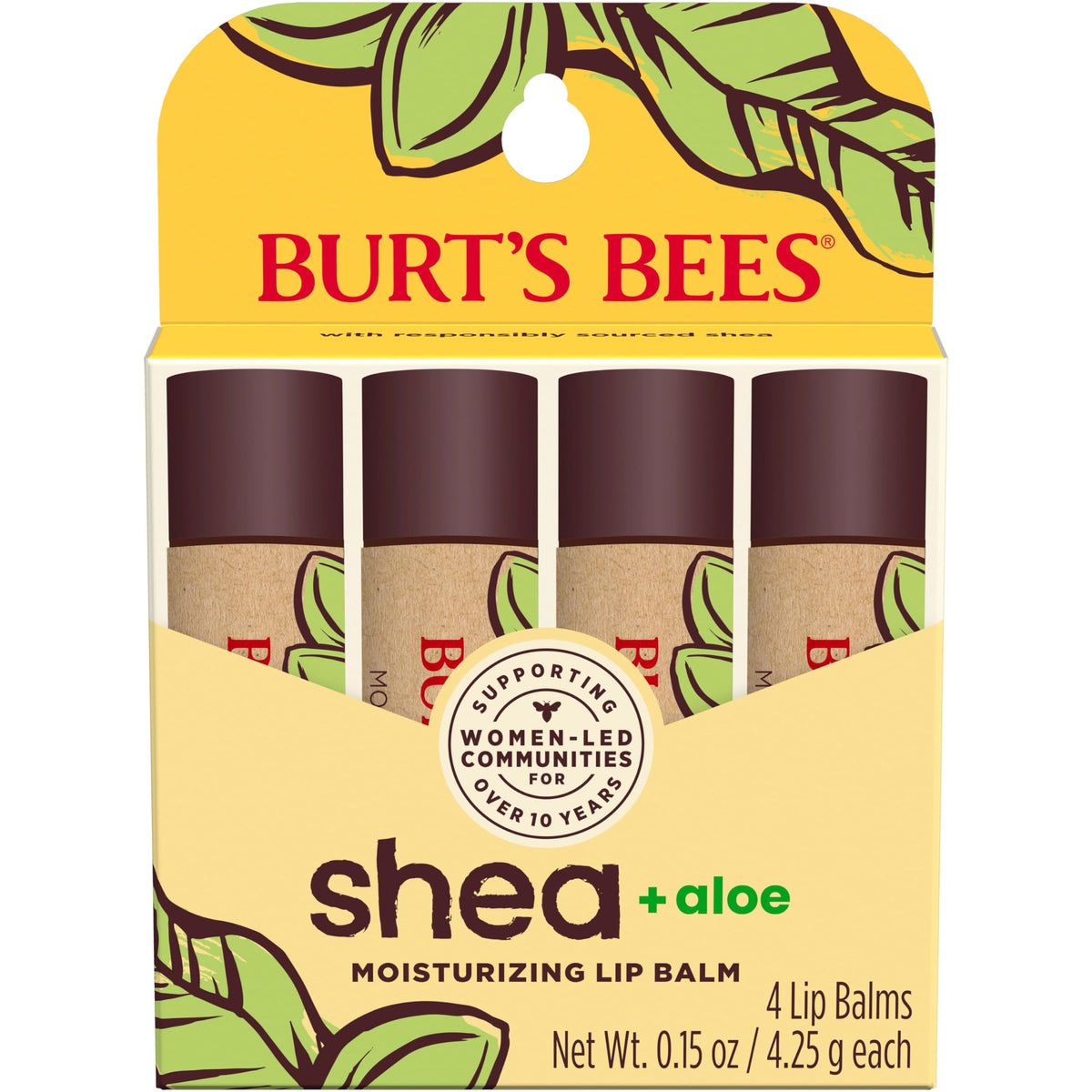 Burt's Bees Balsamo labial Shea Aloe: paquete de cuatro tubos para hidratación diaria.