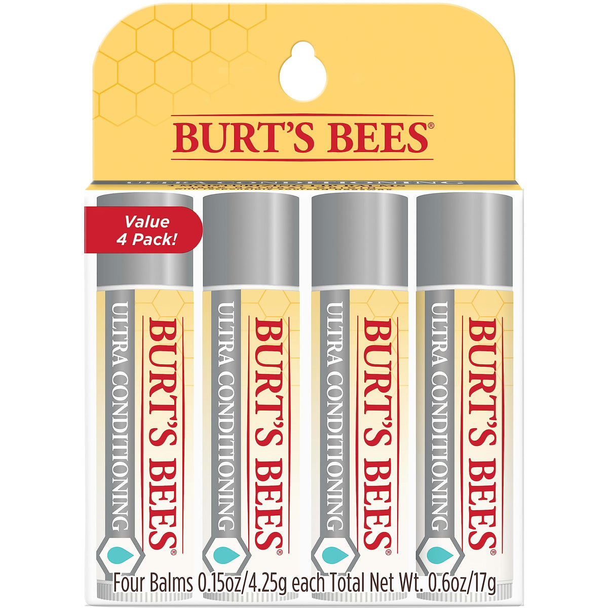 Burt's Bees Balsamo labial en tubo mostrando la presentación 4-pack, para hidratación diaria.