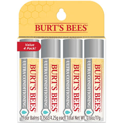 Burt's Bees Balsamo labial en tubo mostrando la presentación 4-pack, para hidratación diaria.