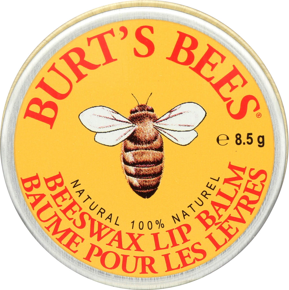 Burt's Bees Beeswax Lip Balm Tin packaging with classic yellow tin for hydration.