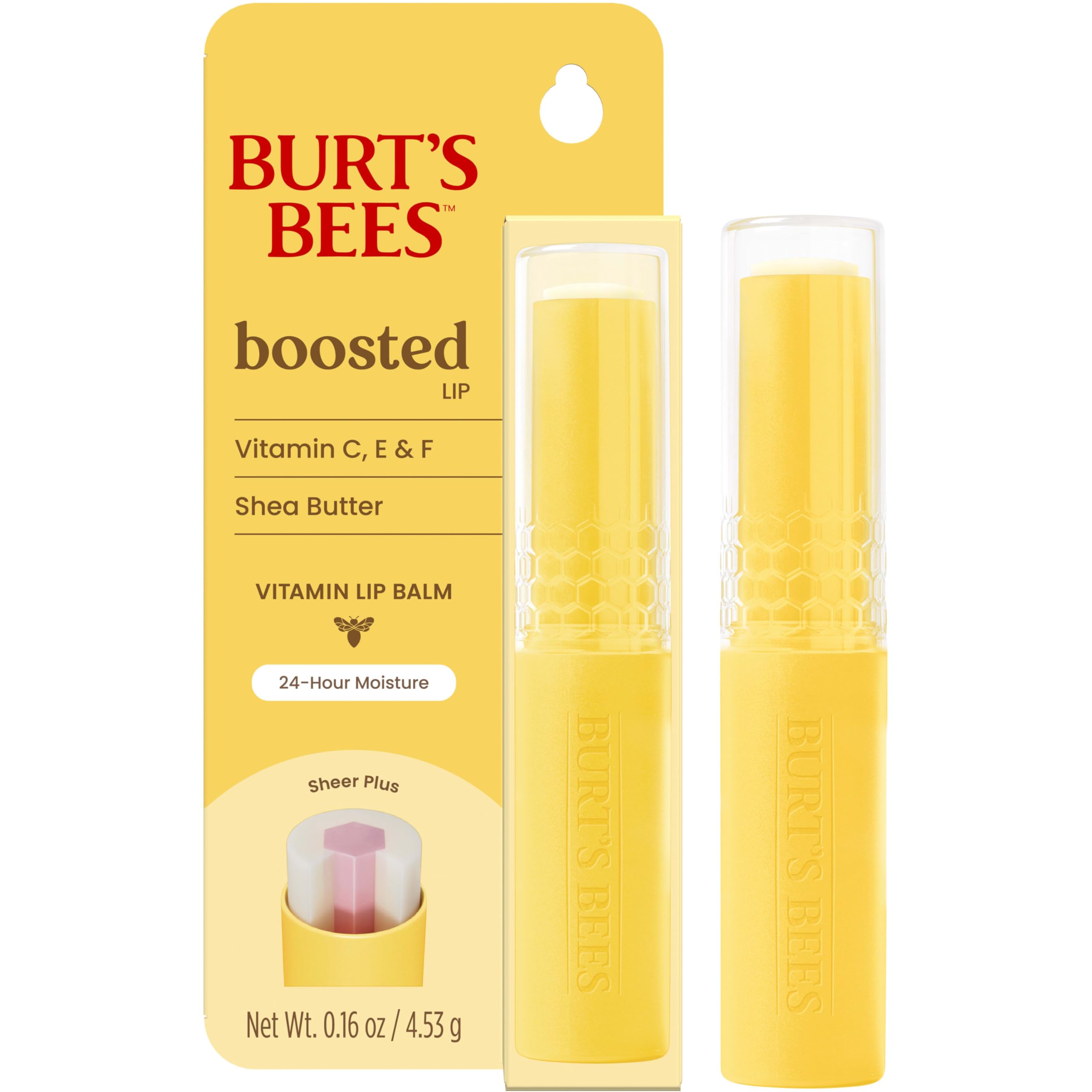 Burt's Bees Boosted Lip Balm Sheer Plus aplicado; uso cómodo sin espejo.