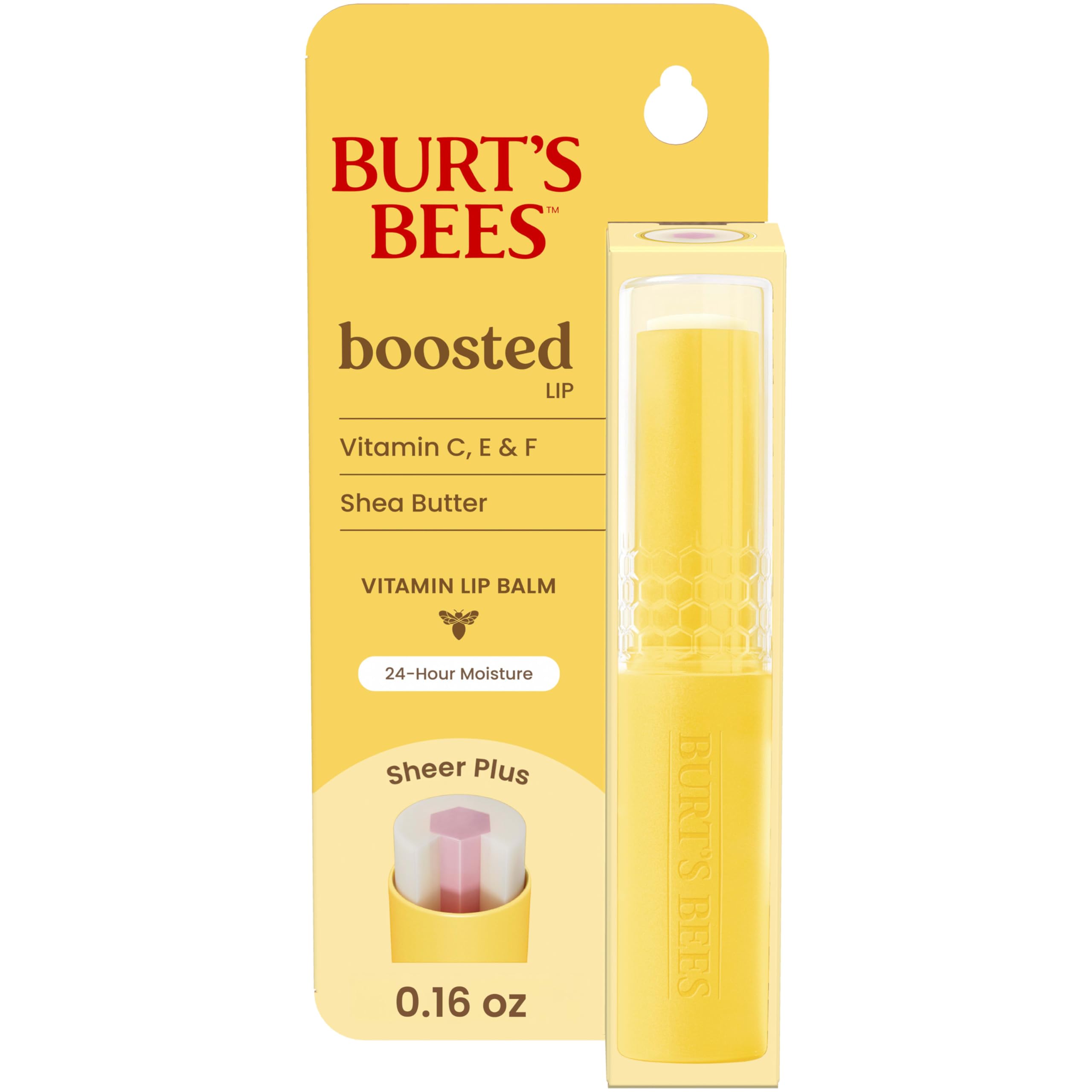 Burt's Bees Boosted Lip Balm Sheer Plus en tubo; hidratación duradera para labios.