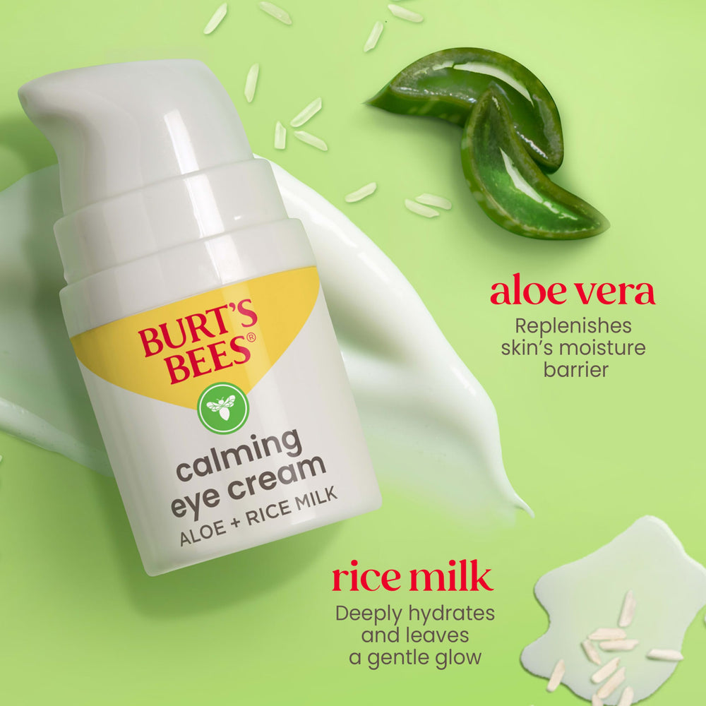Aloe y leche de arroz en Burt's Bees Calming Eye Cream para hidratación.