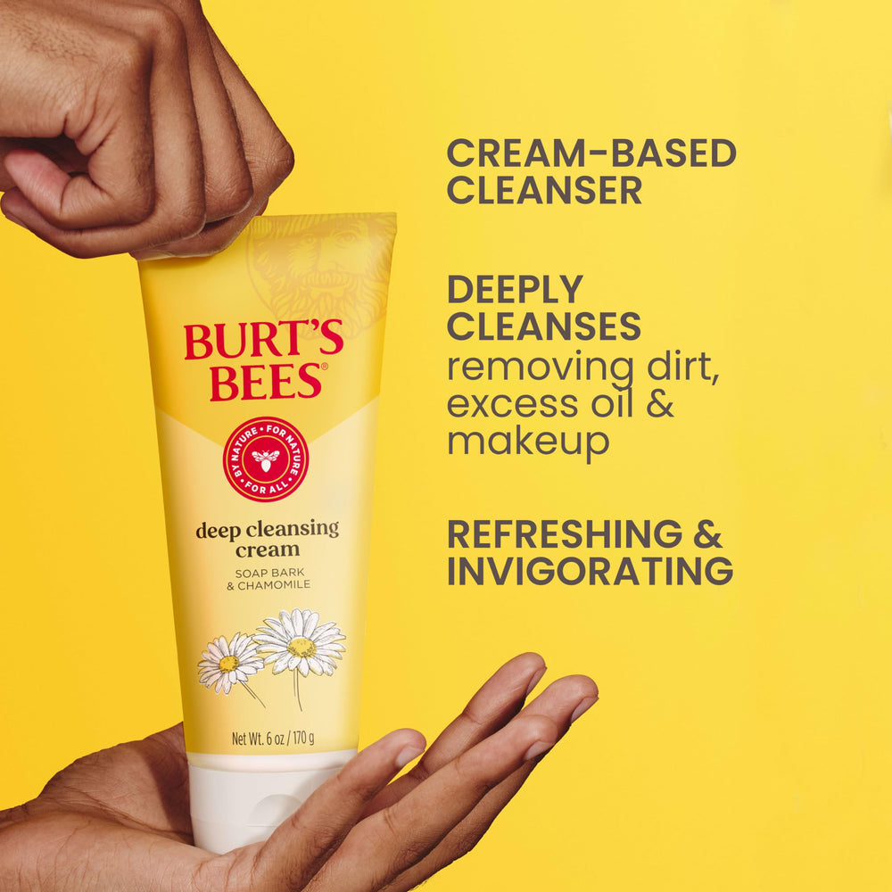 Chamomile and aloe soothing presence in Burt's Bees cleanser visual.