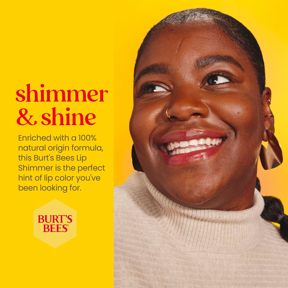 Burt's Bees Cherry Lip Shimmer close-up highlights creamy texture and subtle shine.