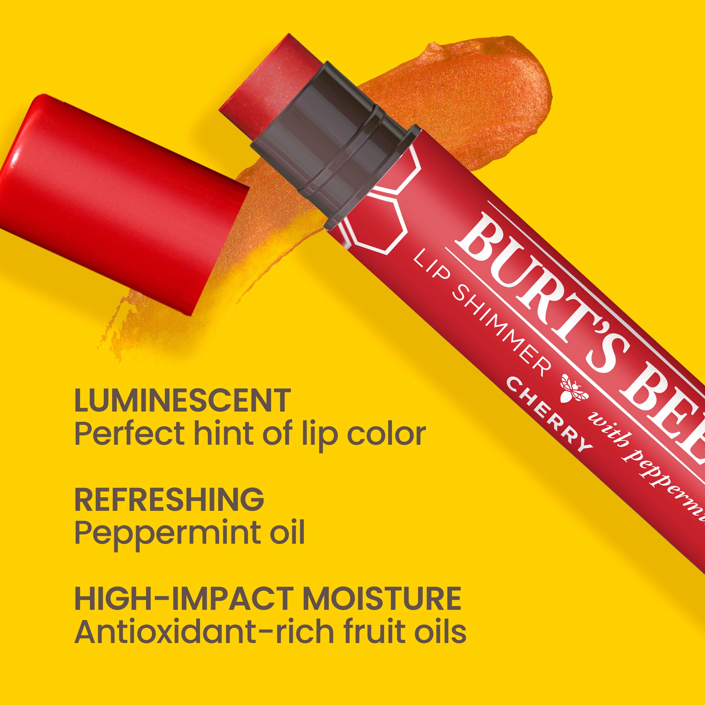 Burt's Bees Cherry Lip Shimmer packaging highlights a compact, travel-friendly design for on-the-go color.