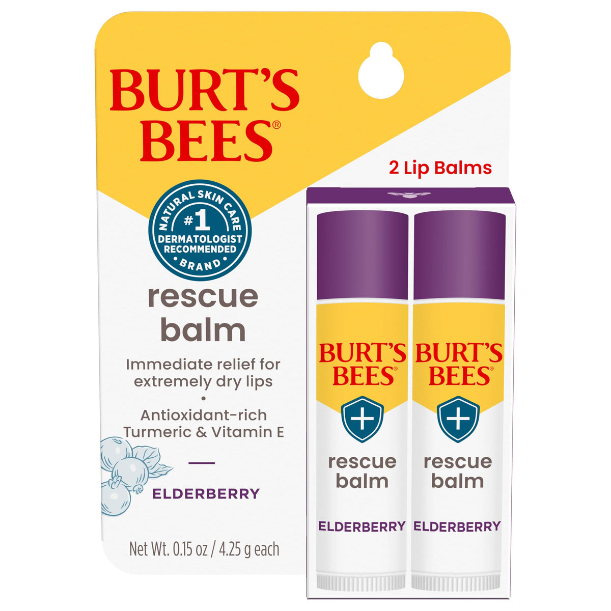Burt's Bees Elderberry Rescue Balm tube front view with berry aroma