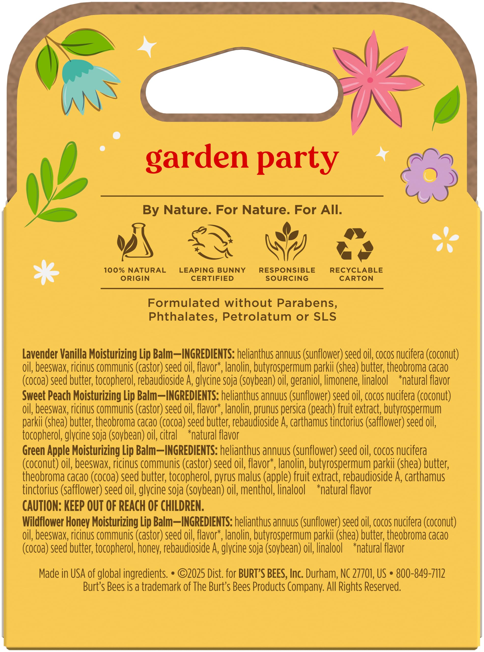 Burt’s Bees Garden Party bálsamo labial origen natural, apto para piel sensible