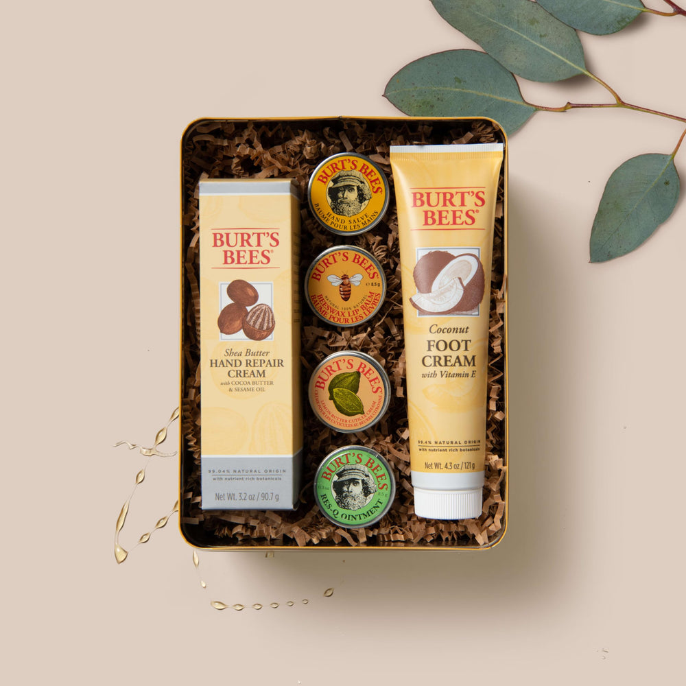Burt's Bees Gift Set label closeup highlights natural packaging.