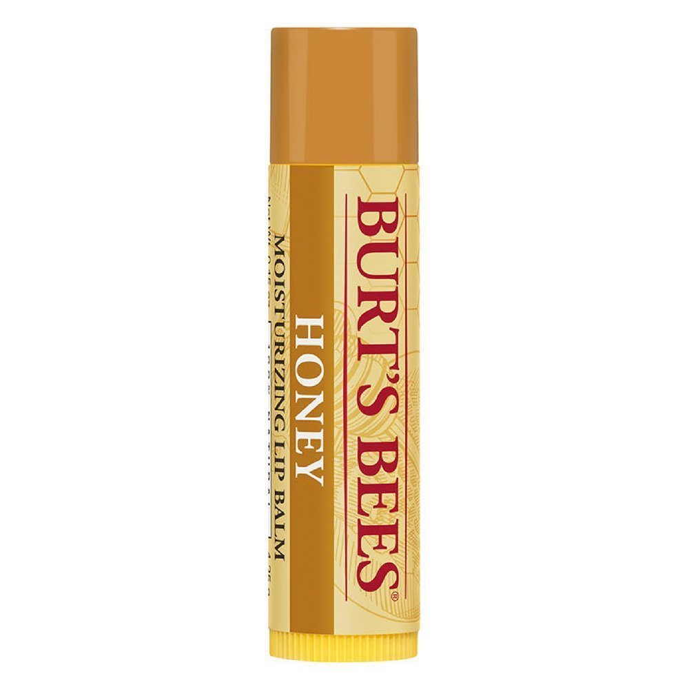 Burt's Bees Honey Moisturizing Lip Balm tube applying hydration for dry lips.