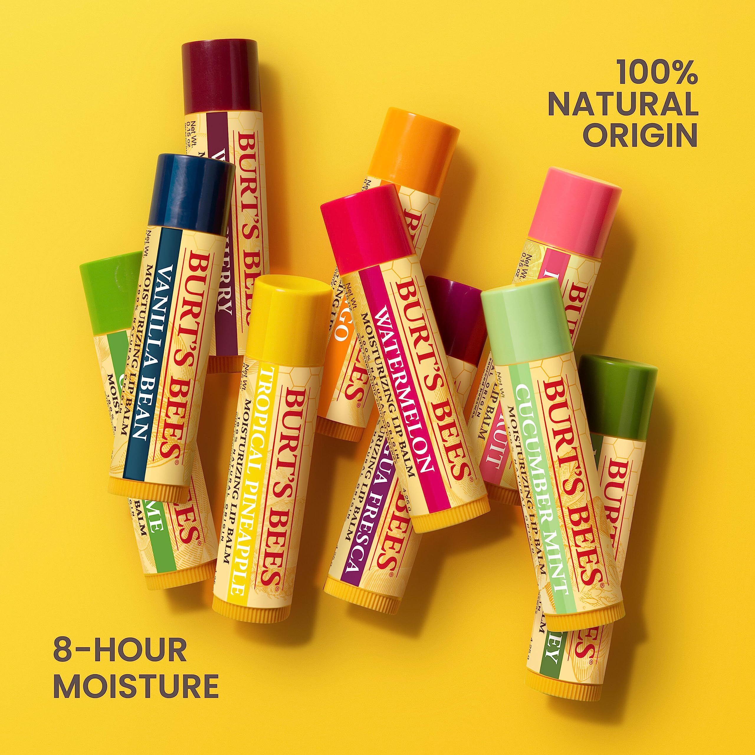 Paquete Burt's Bees con cuatro tubitos, práctico para casa o bolso.