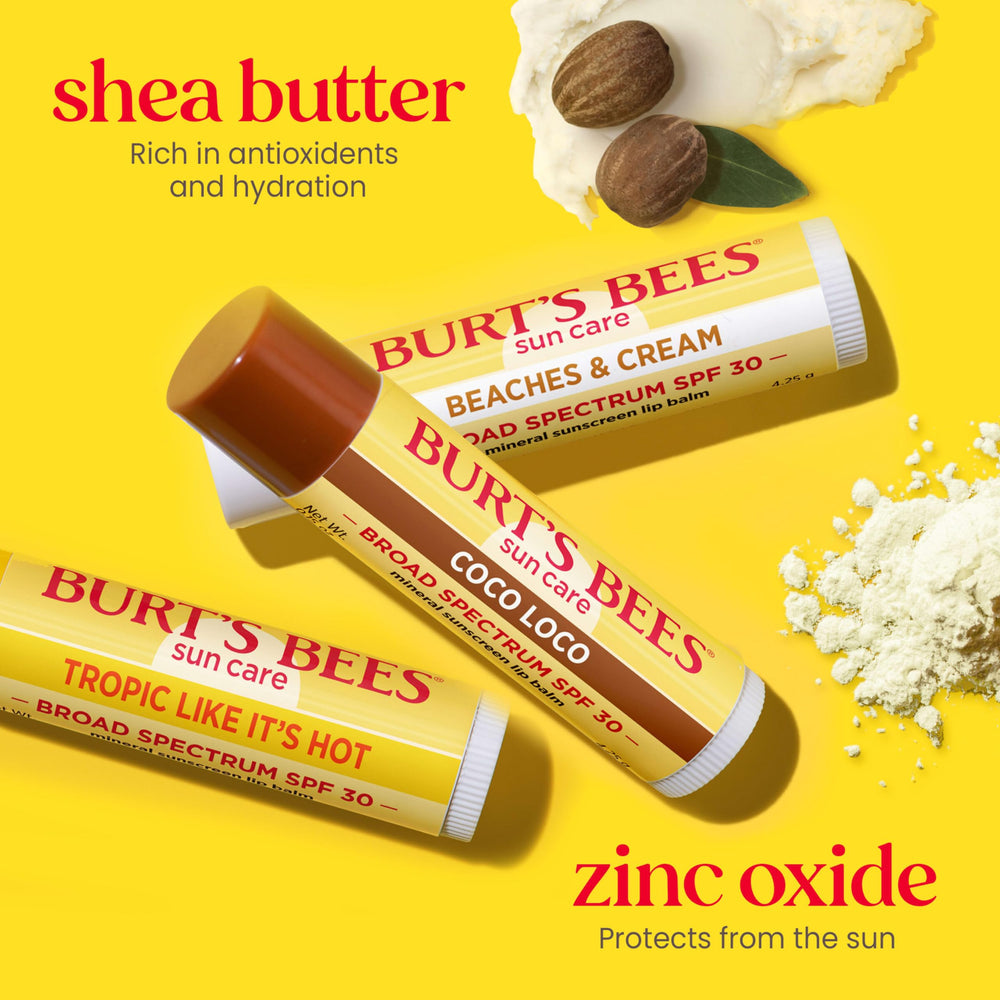 Burt’s Bees Beaches and Cream; protección mineral SPF30 sin residuo blanqueante al usar en playa.