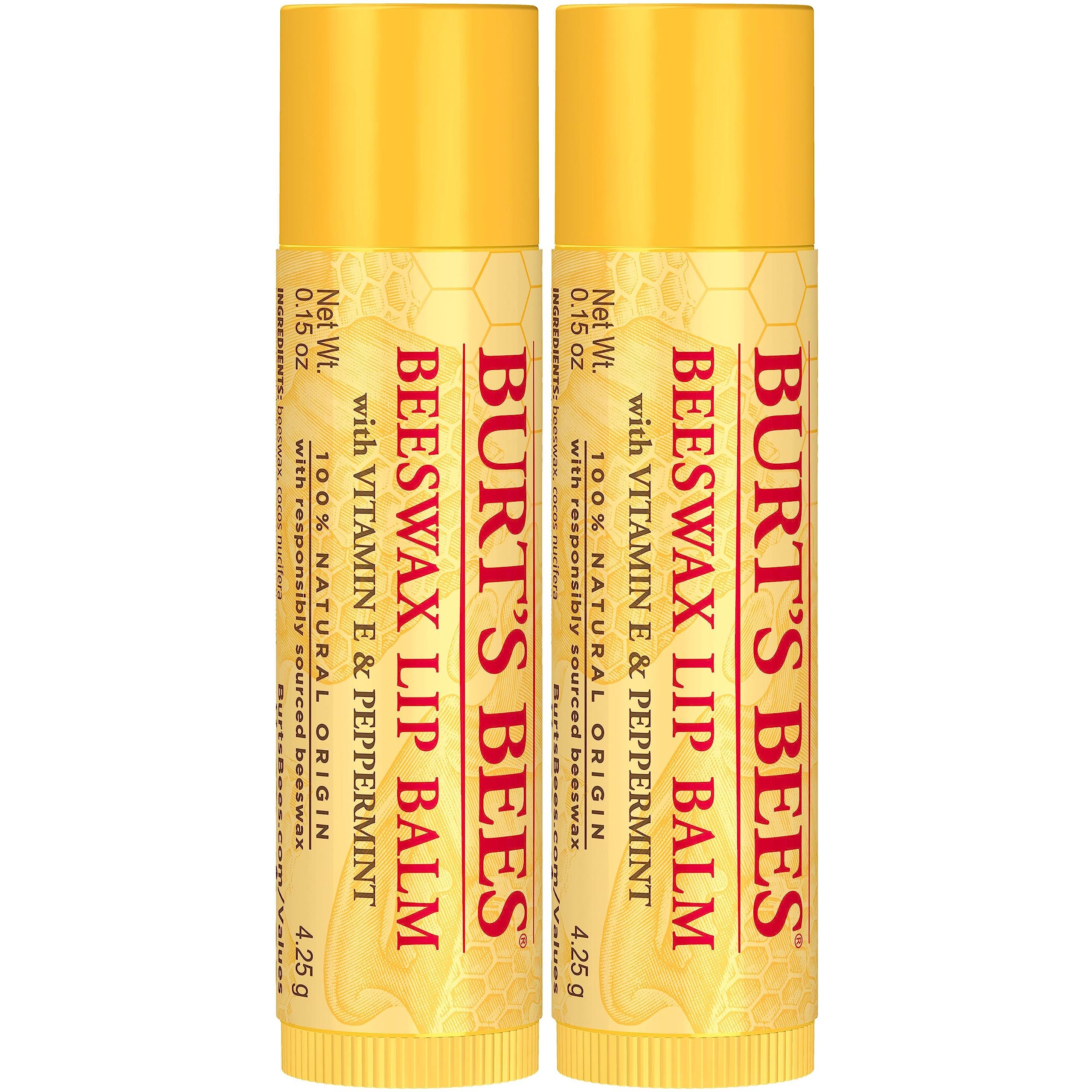 Eco-friendly Burt's Bees lip balm tube made with 70% recycled plastics.